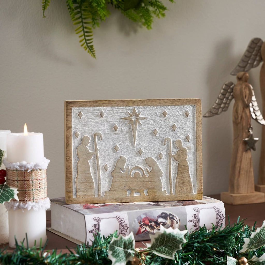 Christmas Nativity Sign 6x8x1 White Wash Wooden Manger