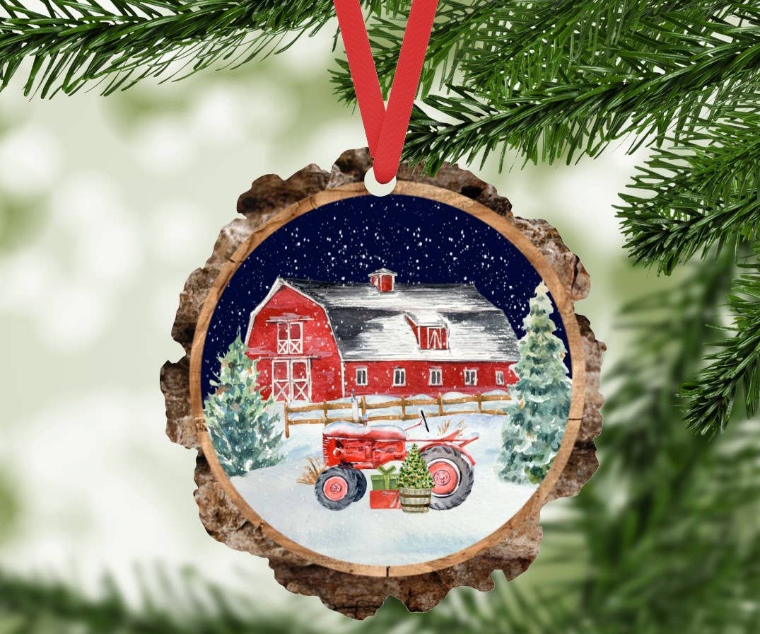 Christmas on the Farm Ornament Faux Wood Slice with Barn