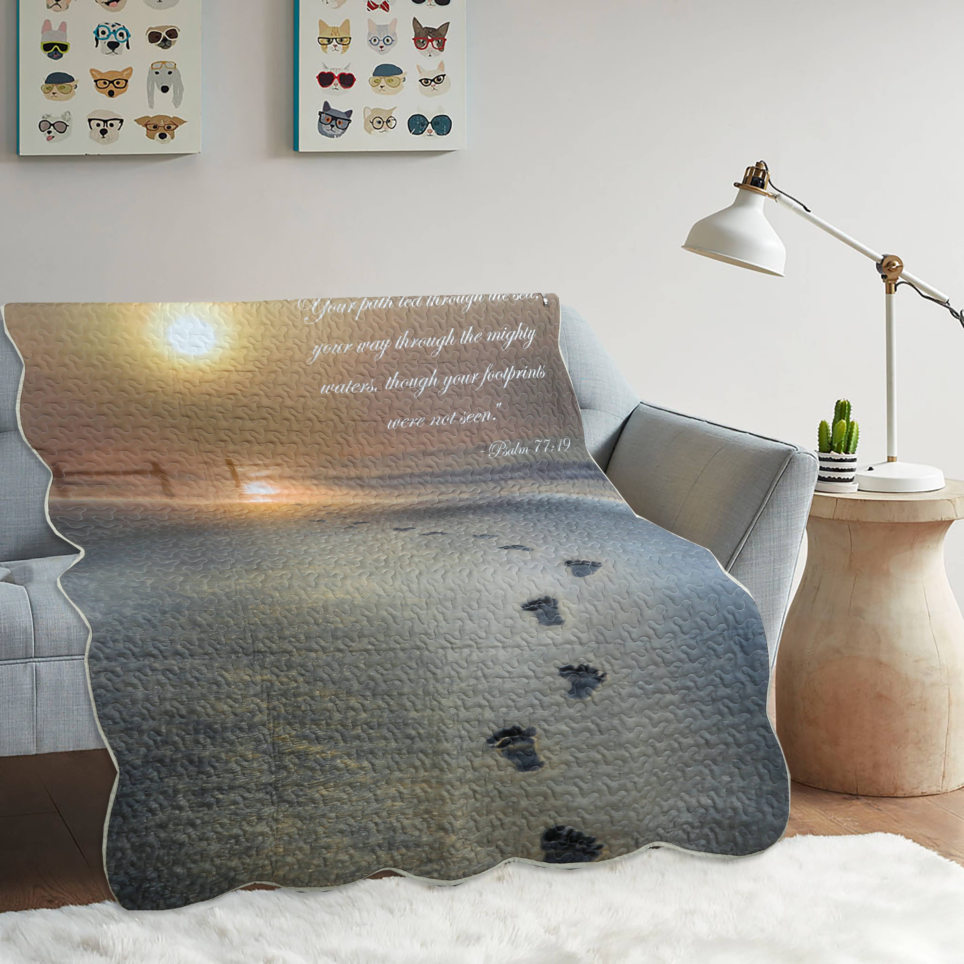 Footprints Psalm 77:19 Scripture Inspirational Quilted Throw
