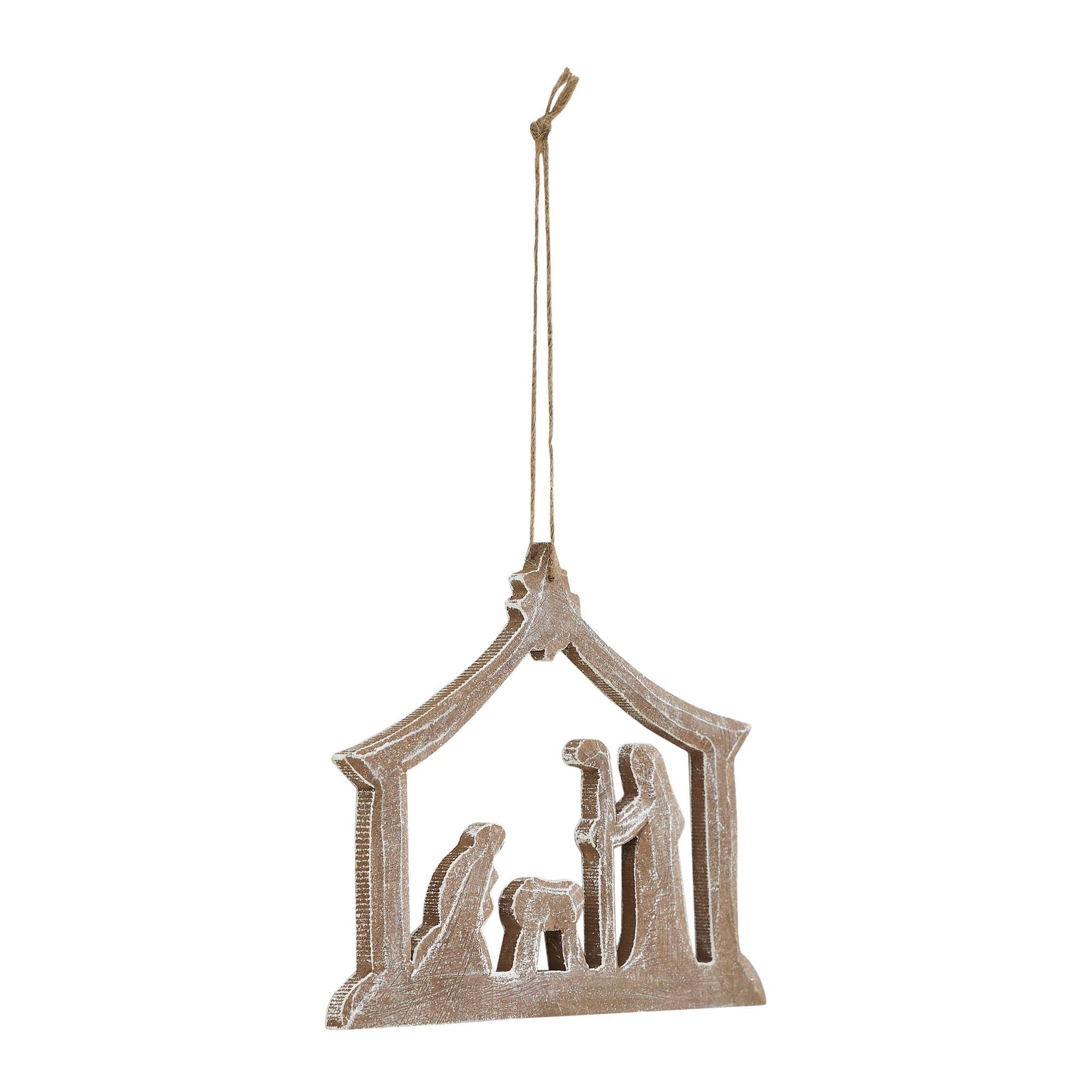 Feathered Wood Nativity Christmas Ornament 5 Inch