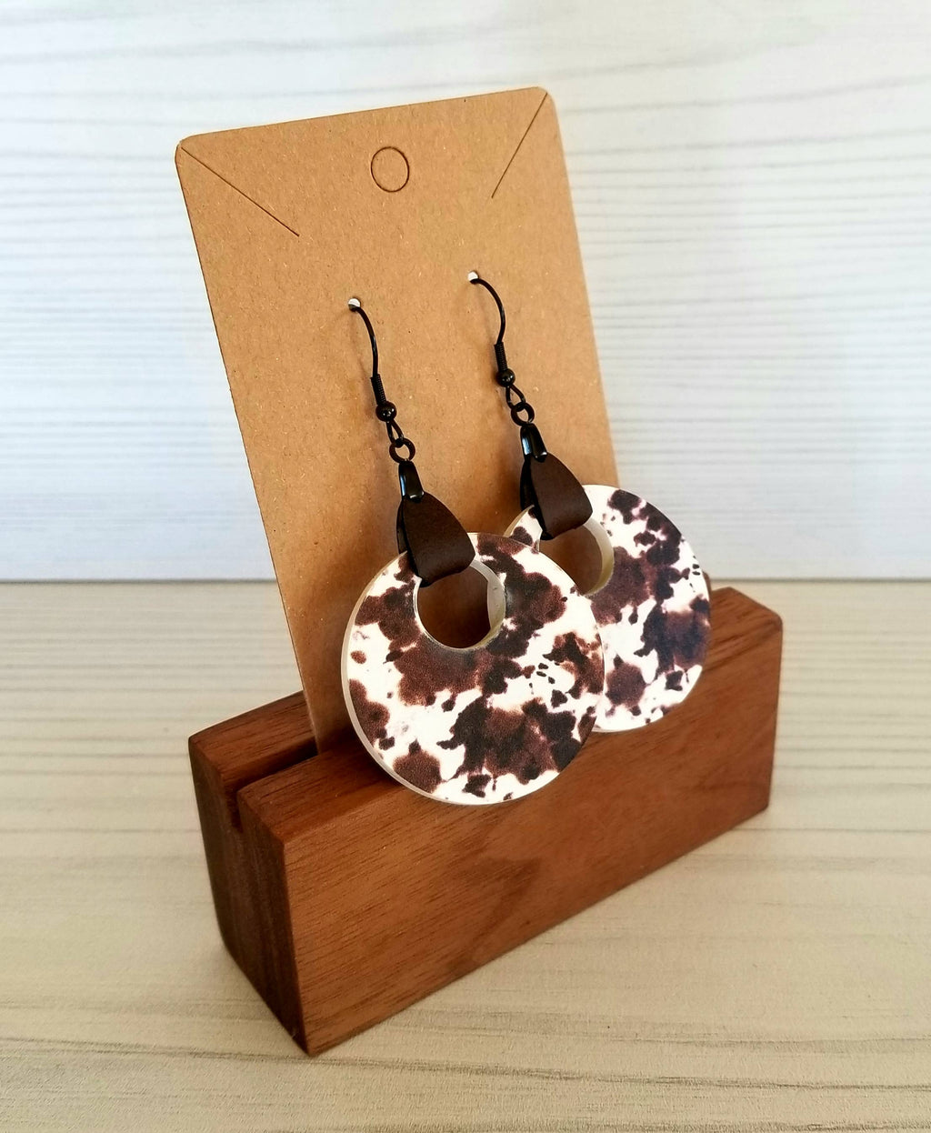 Brown Cow Print Dangle Earrings - Acrylic Earrings