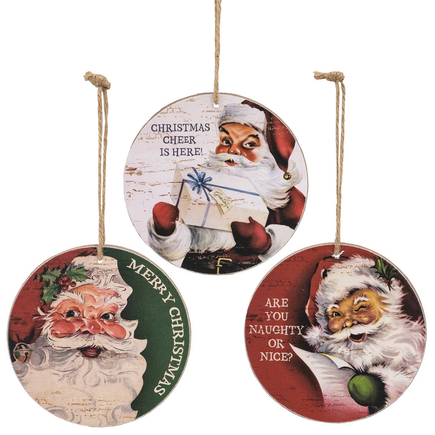 Vintage Santa Cheer Round Ornament - 3 Asstd.