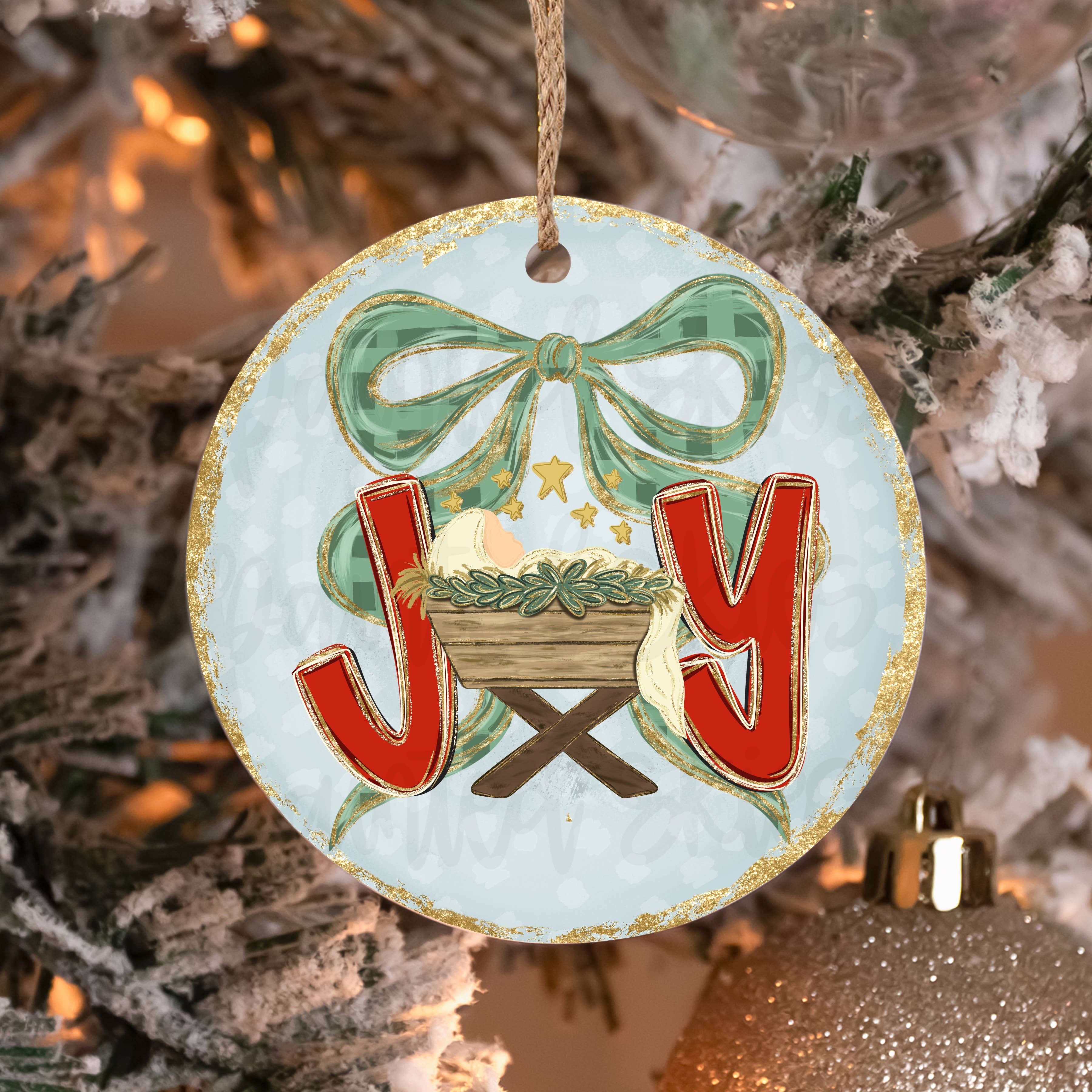 Joy Baby Jesus Manger Christmas Ornament