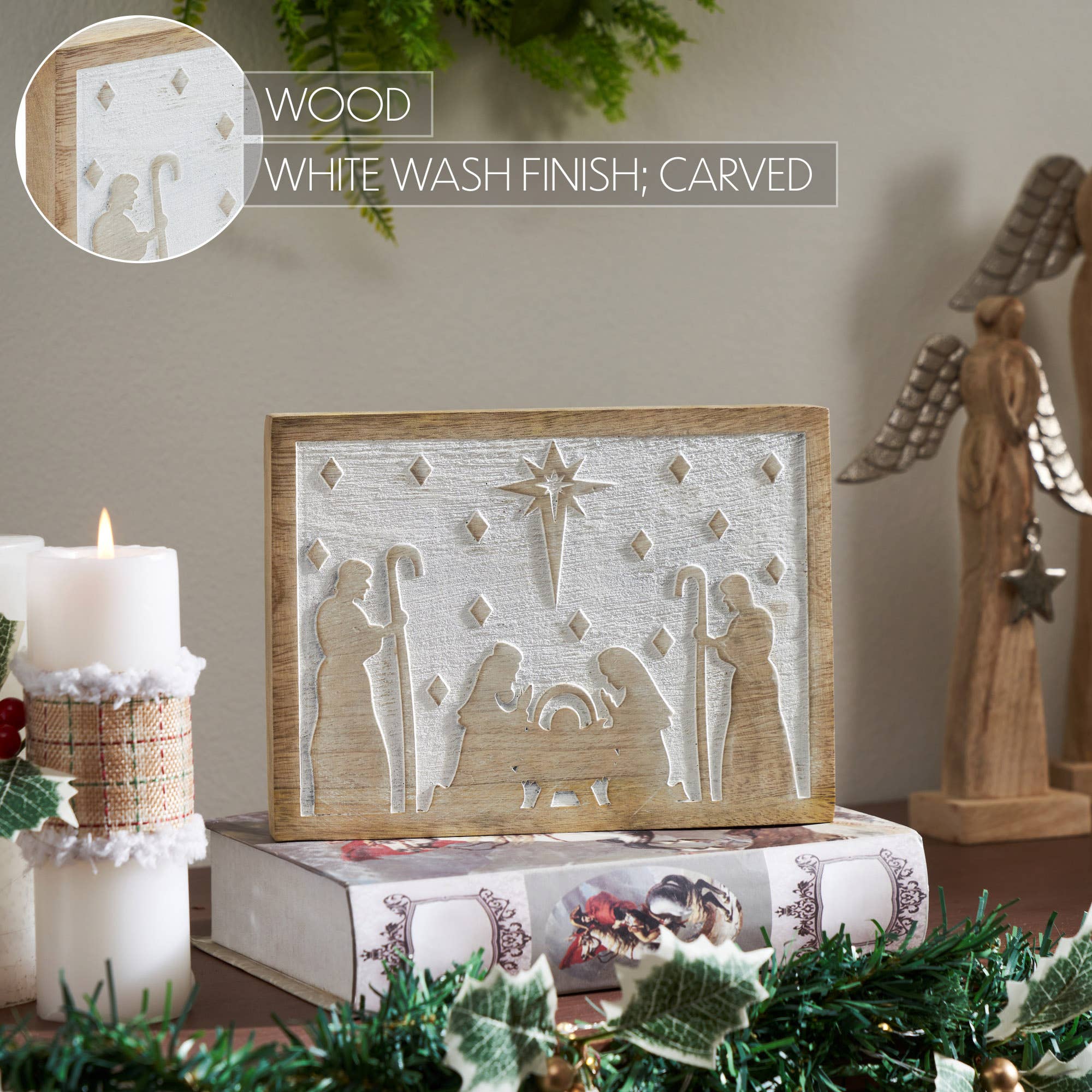 Christmas Nativity Sign 6x8x1 White Wash Wooden Manger