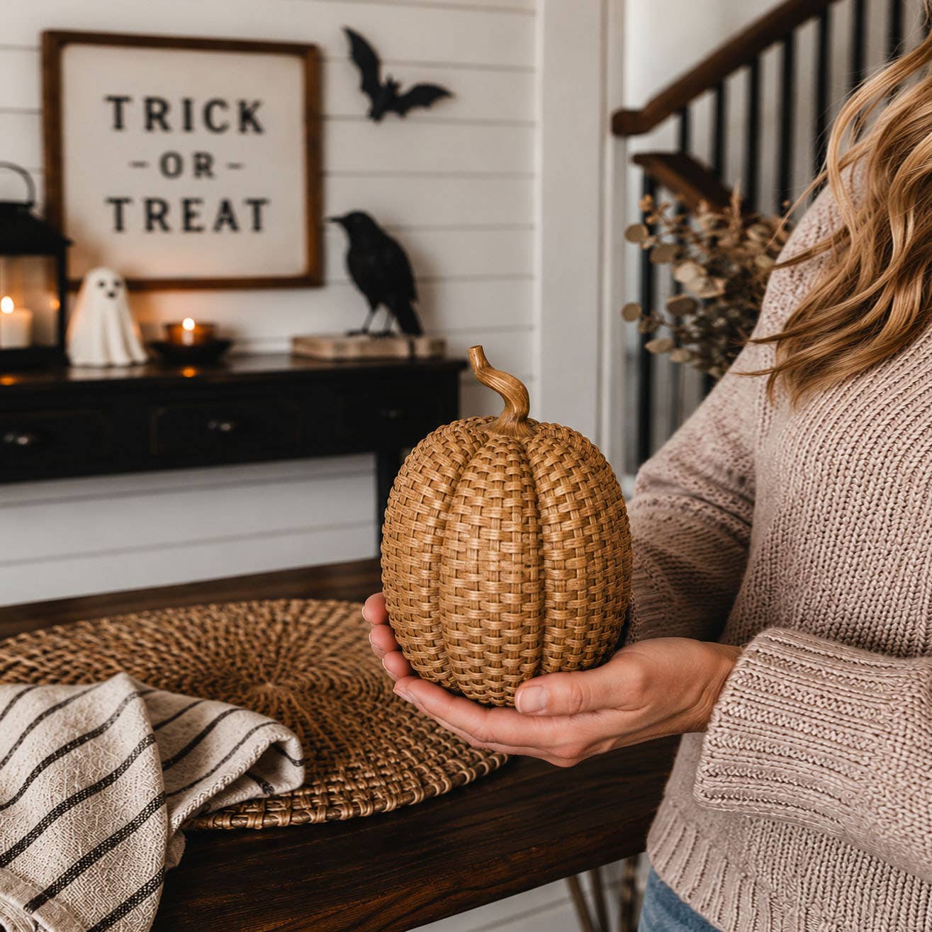 Neutral Fall Halloween Shelf Decor, Cute Pumpkin Home & Gift