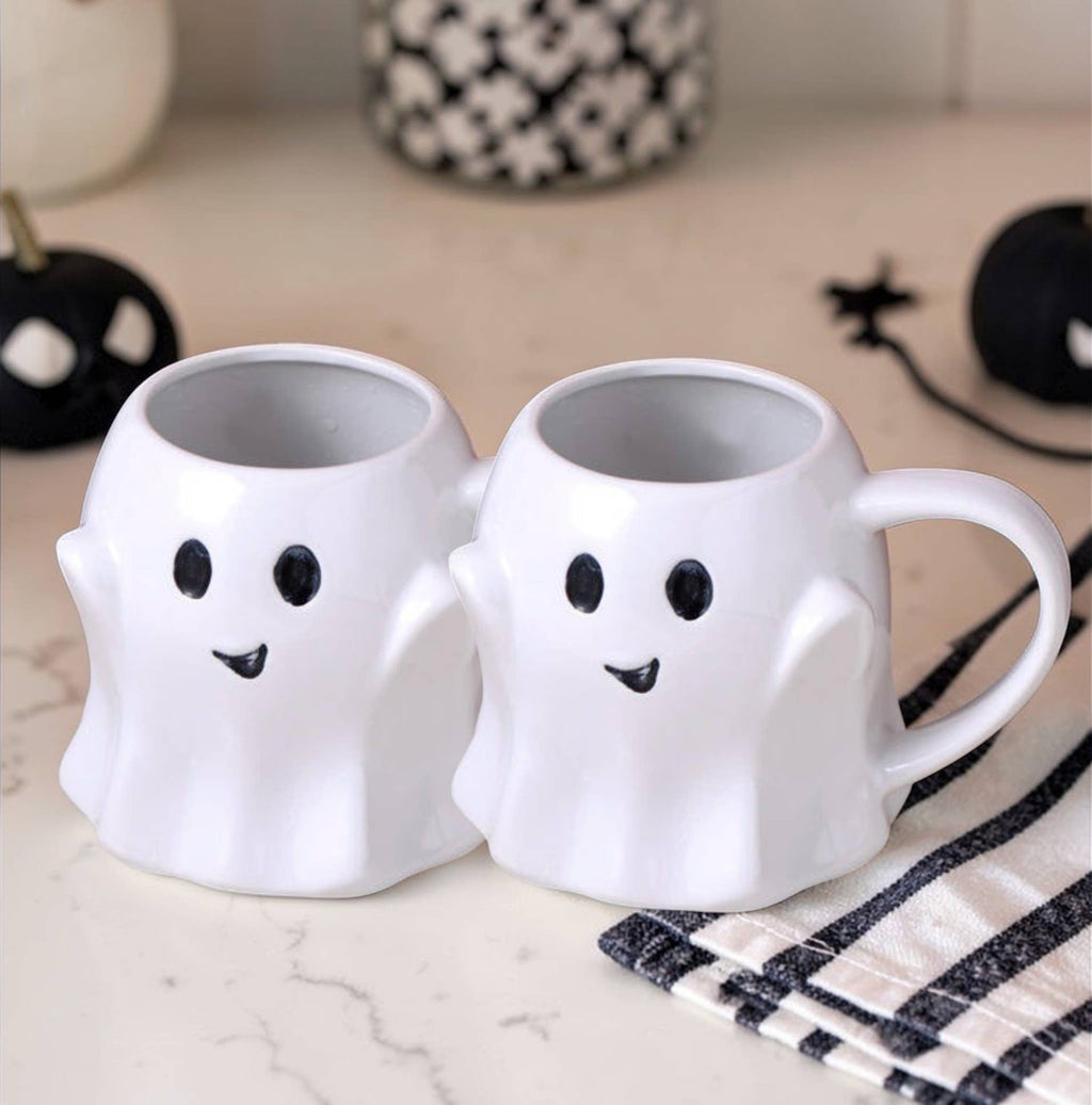 Halloween Drinkware, Ceramic Ghost Mugs, Neutral Fall Decor