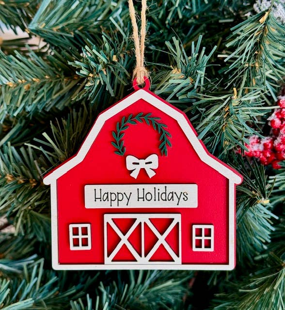 Rustic Barn Christmas Ornament - Happy Holidays Ornament