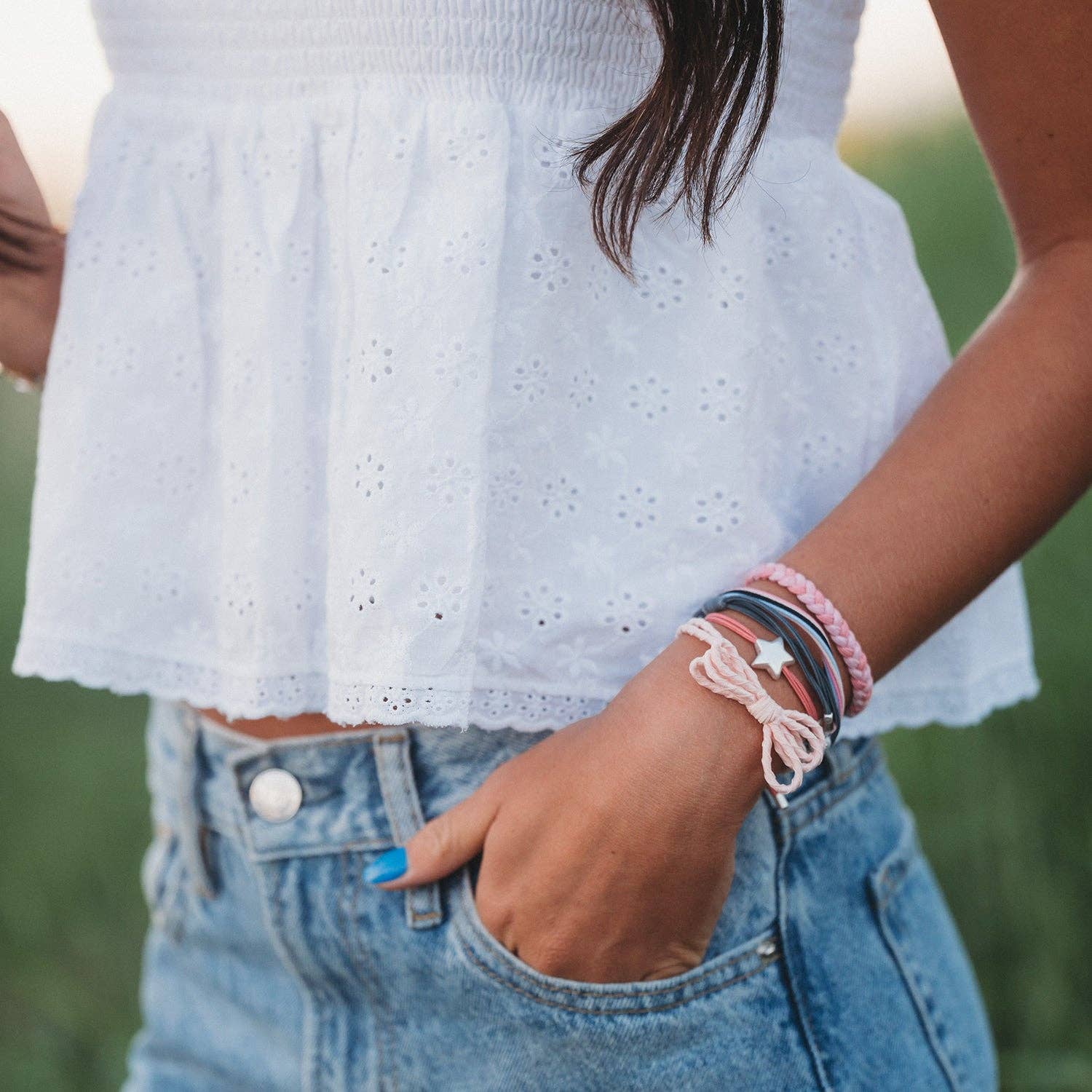 "Wish" Pink Bow and Star Hair Tie Bracelet
