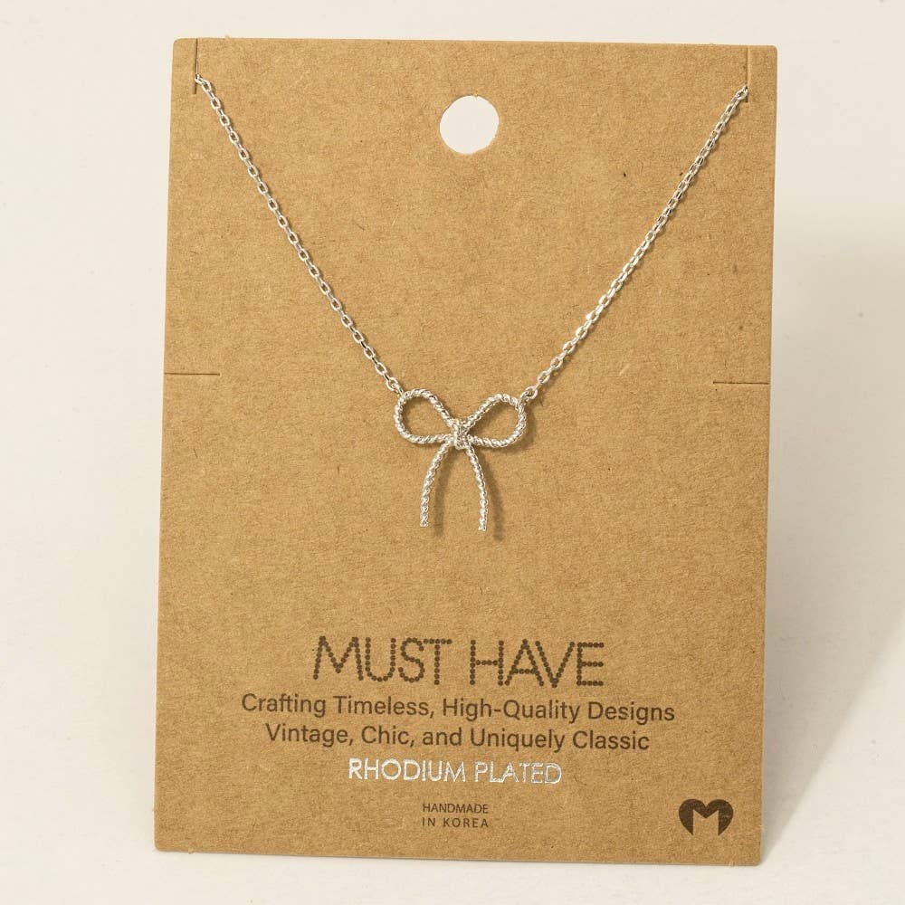 Gold Dipped Textured Ribbon Bow Pendant Chain Necklace