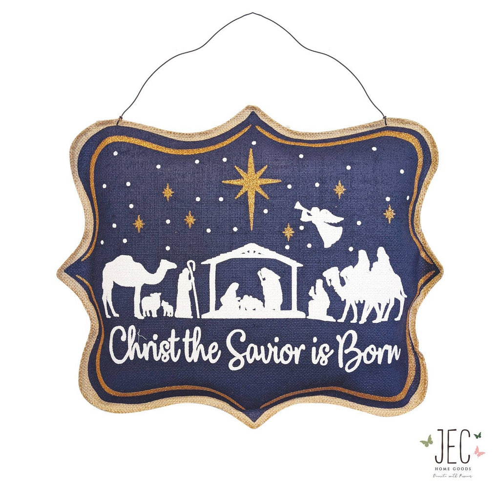 Christmas Nativity Scene Burlap Puffy Wall Hanging Rustic Porch Door Décor 21"x17"
