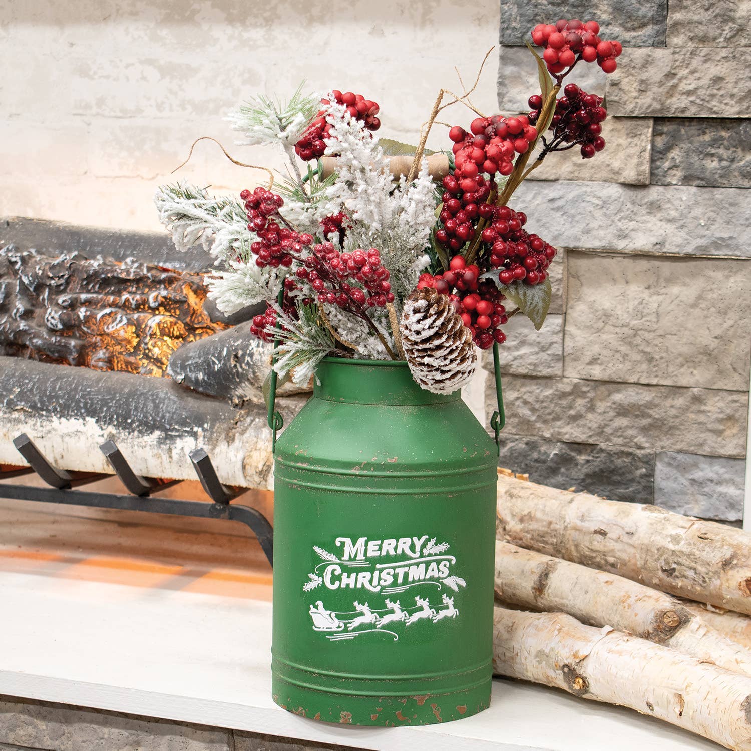 Distressed Green Metal Merry Christmas Santa & Reindeer Milk