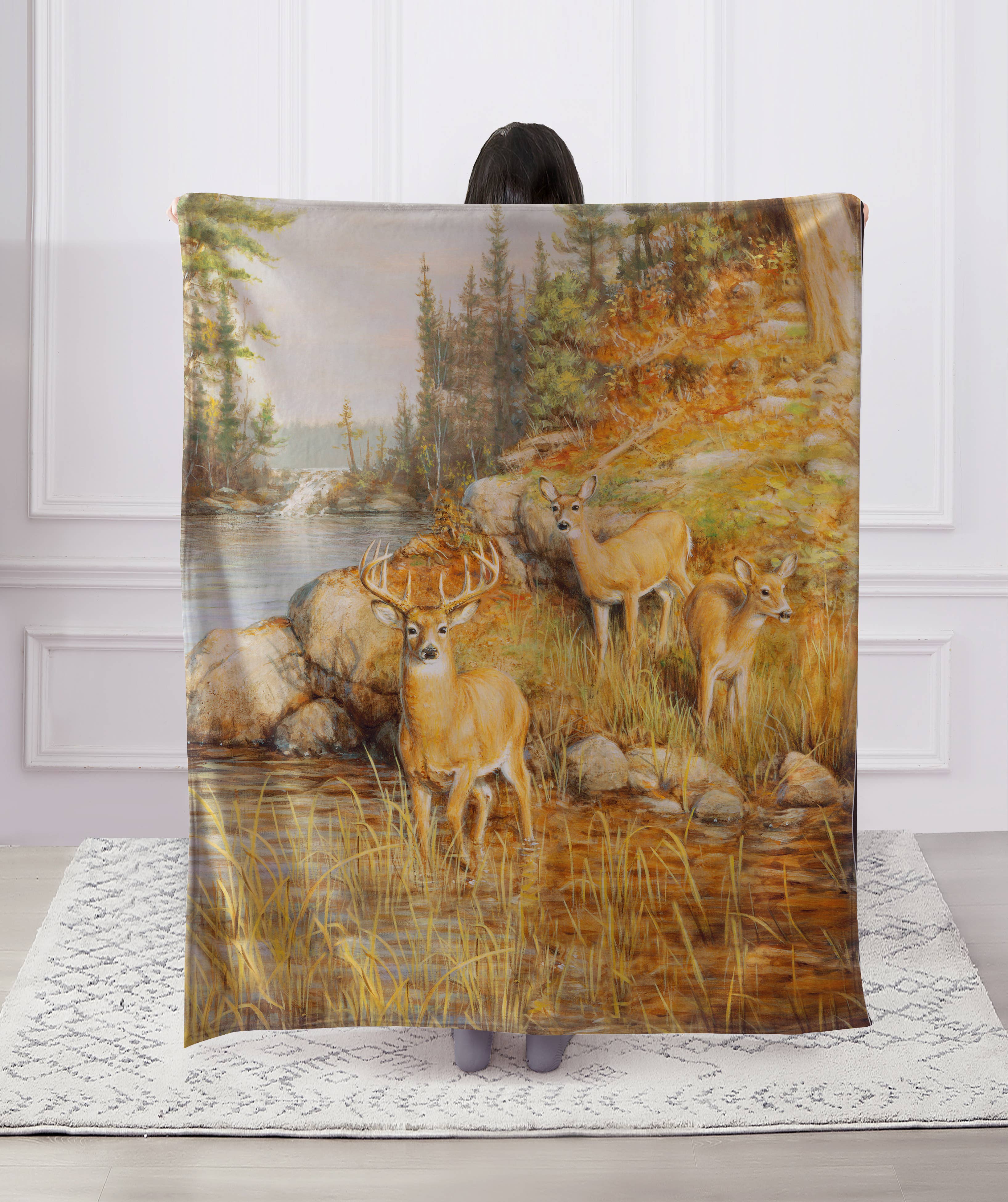 "Deer and Pines" 1-Ply Faux Fur Everyday Designer Blanket