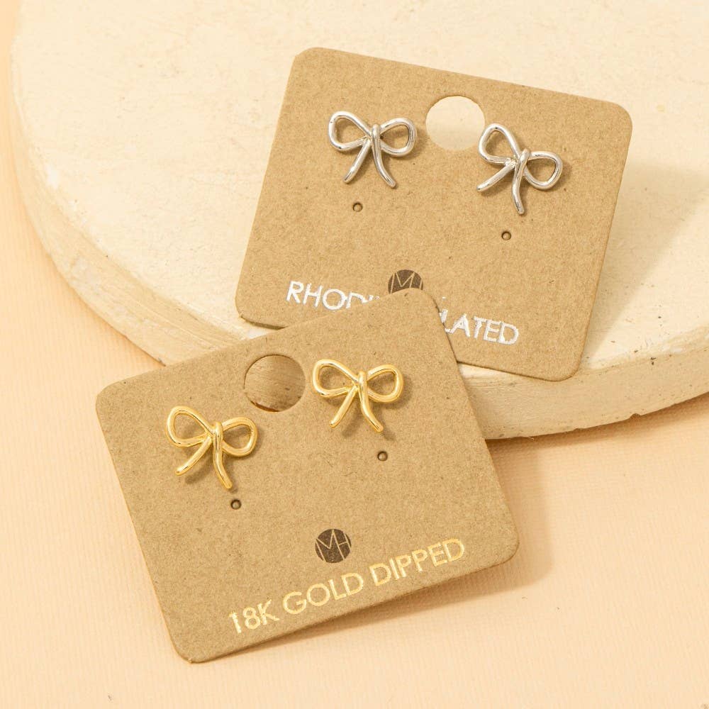 Gold Dipped Wire Ribbon Bow Stud Earrings