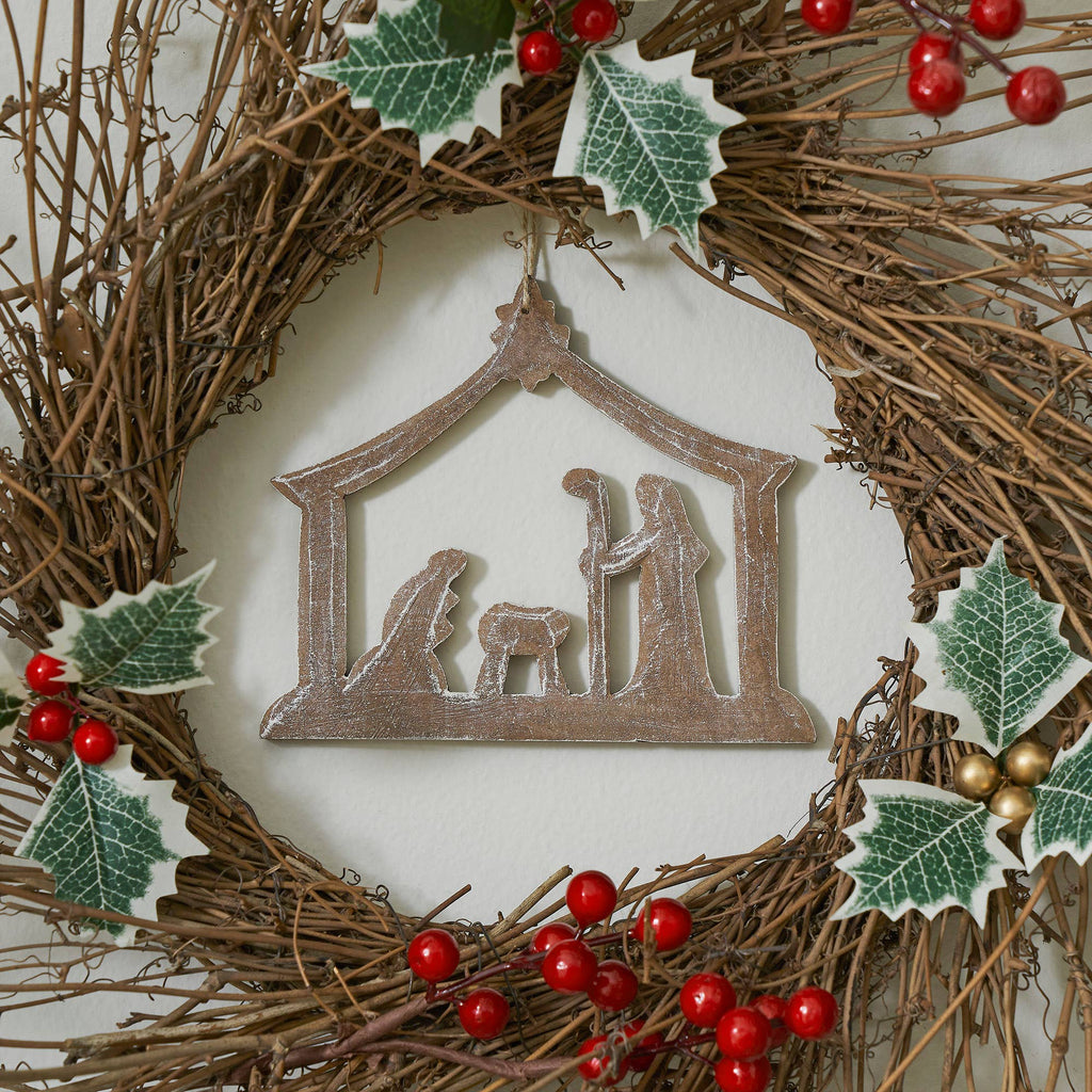 Feathered Wood Nativity Christmas Ornament 5 Inch