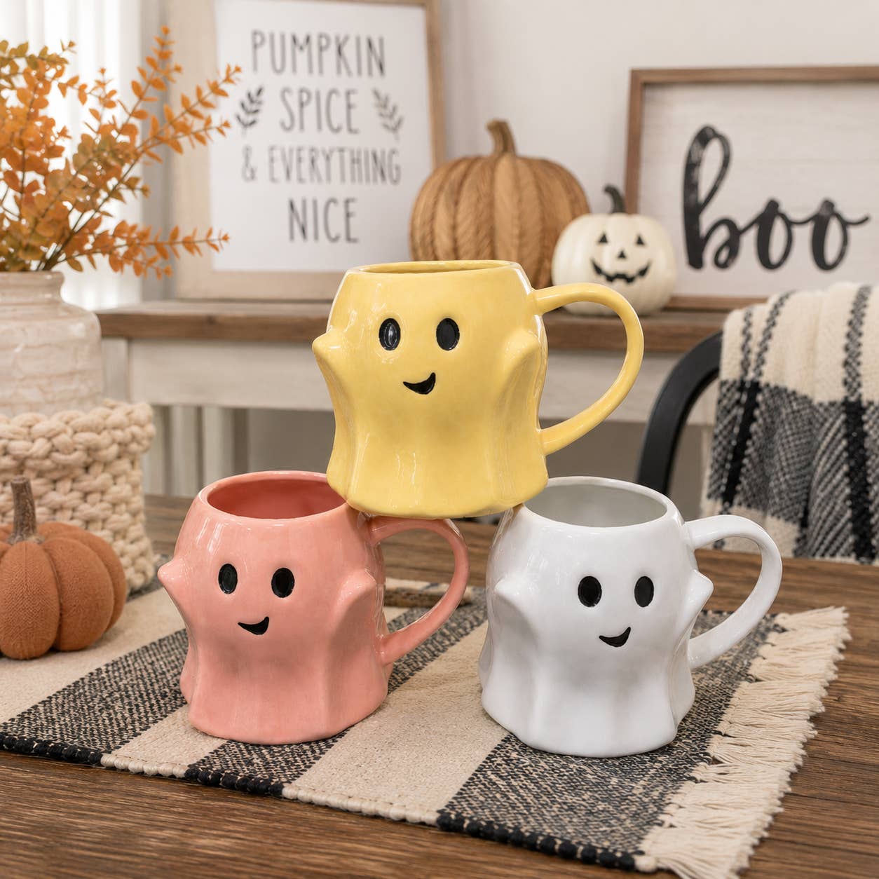 Halloween Drinkware, Ceramic Ghost Mugs, Neutral Fall Decor