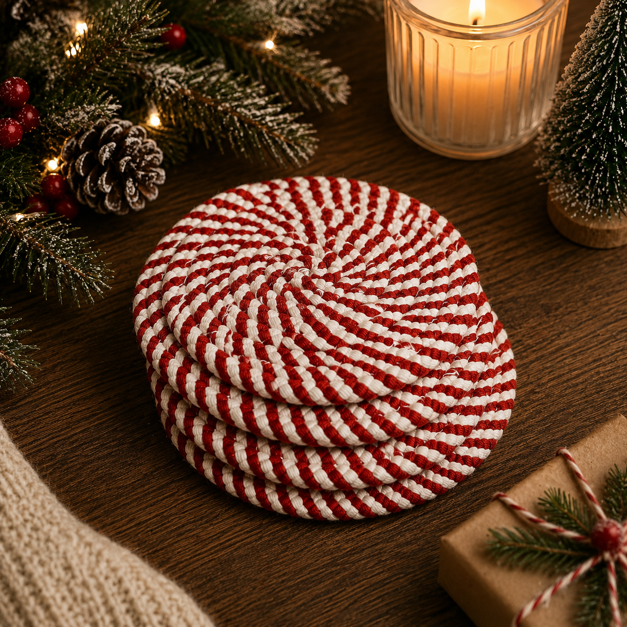 Holiday Fabric Coasters, Red White Christmas Coaster Set
