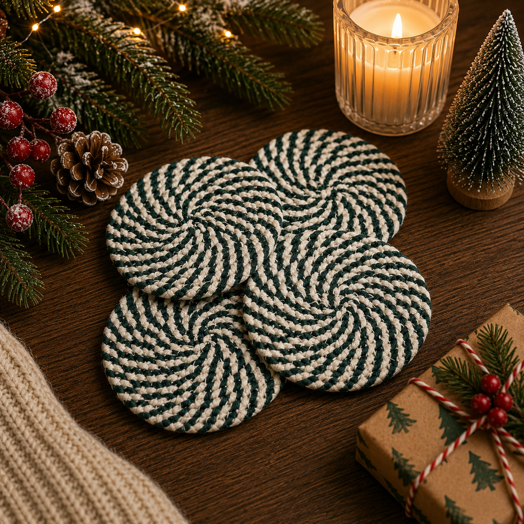 Holiday Fabric Coasters, Red White Christmas Coaster Set