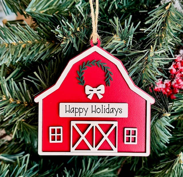 Rustic Barn Christmas Ornament - Happy Holidays Ornament