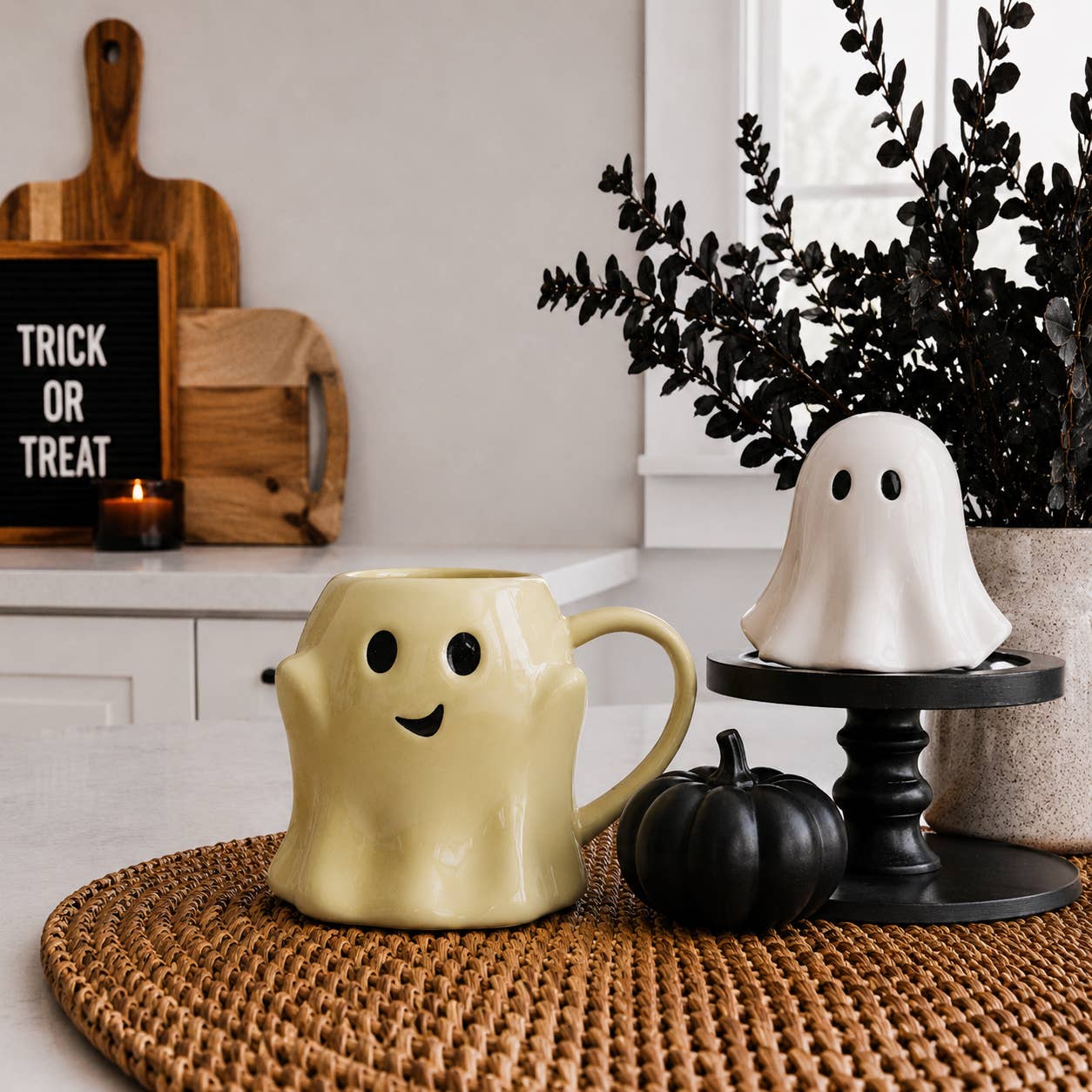 Halloween Drinkware, Ceramic Ghost Mugs, Neutral Fall Decor