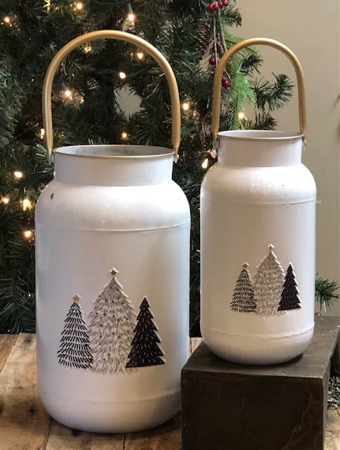 White Milk Cans w/Embossed Tree Accent