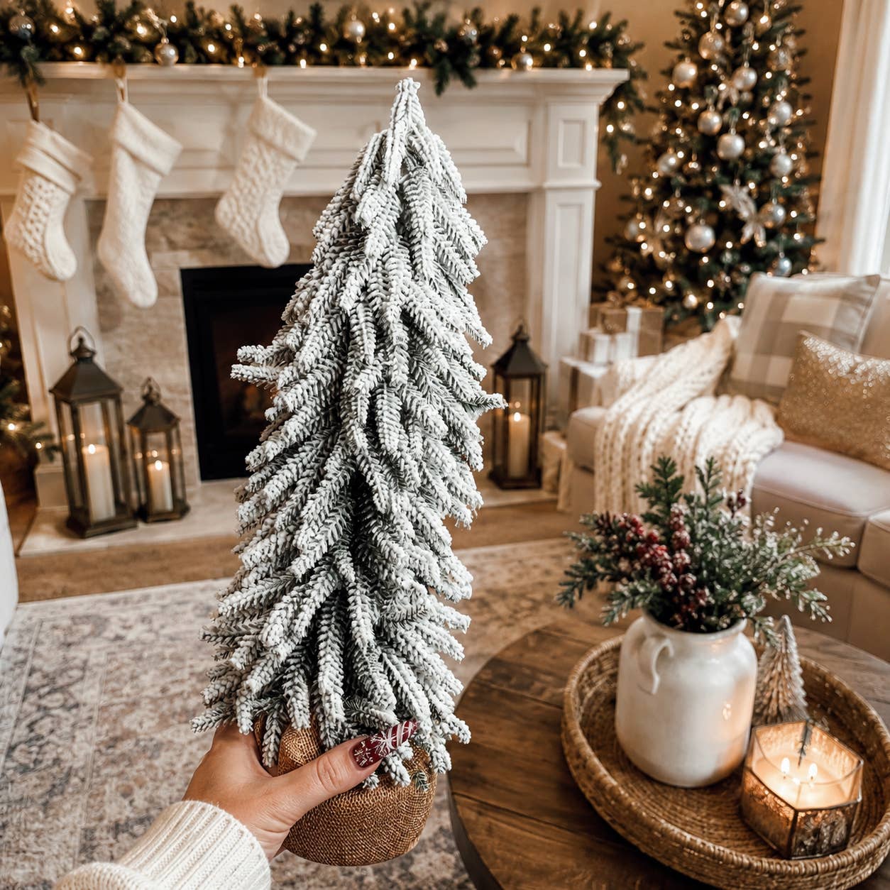 Christmas Trees with Snow, Holiday Mantle & Shelf Home Decor