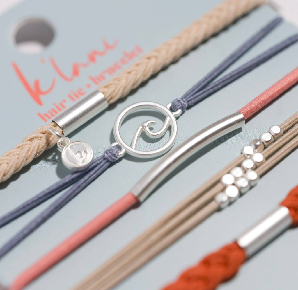 "Celebrate" Blues and Corals With Silver Wave Charm Hair Tie Bracelets