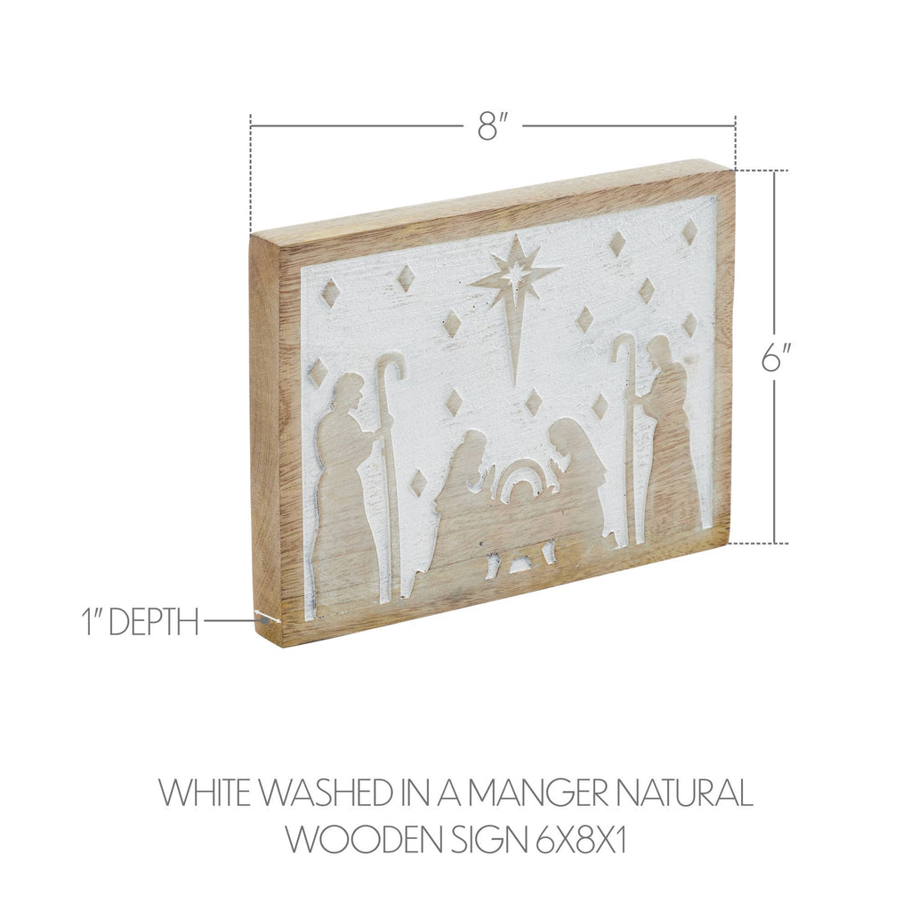 Christmas Nativity Sign 6x8x1 White Wash Wooden Manger