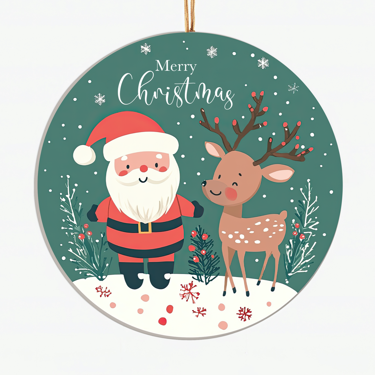 Cute Santa and Reindeer Christmas Ornament - Holiday Decor Ceramic Keepsake with Santa Claus & Deer Scene - Perfect Gift for Kids & Families