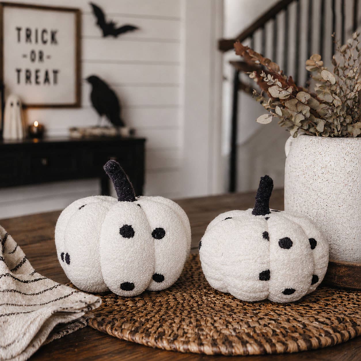 Neutral Fall + Halloween Home Decor, Cute Cotton Pumpkins BW