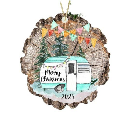 Merry Christmas 2026 Camper Ornament Wood Slice Shape