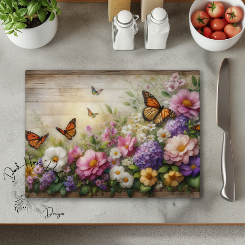 Soft Farmhouse Florals - Glass Cutting Board