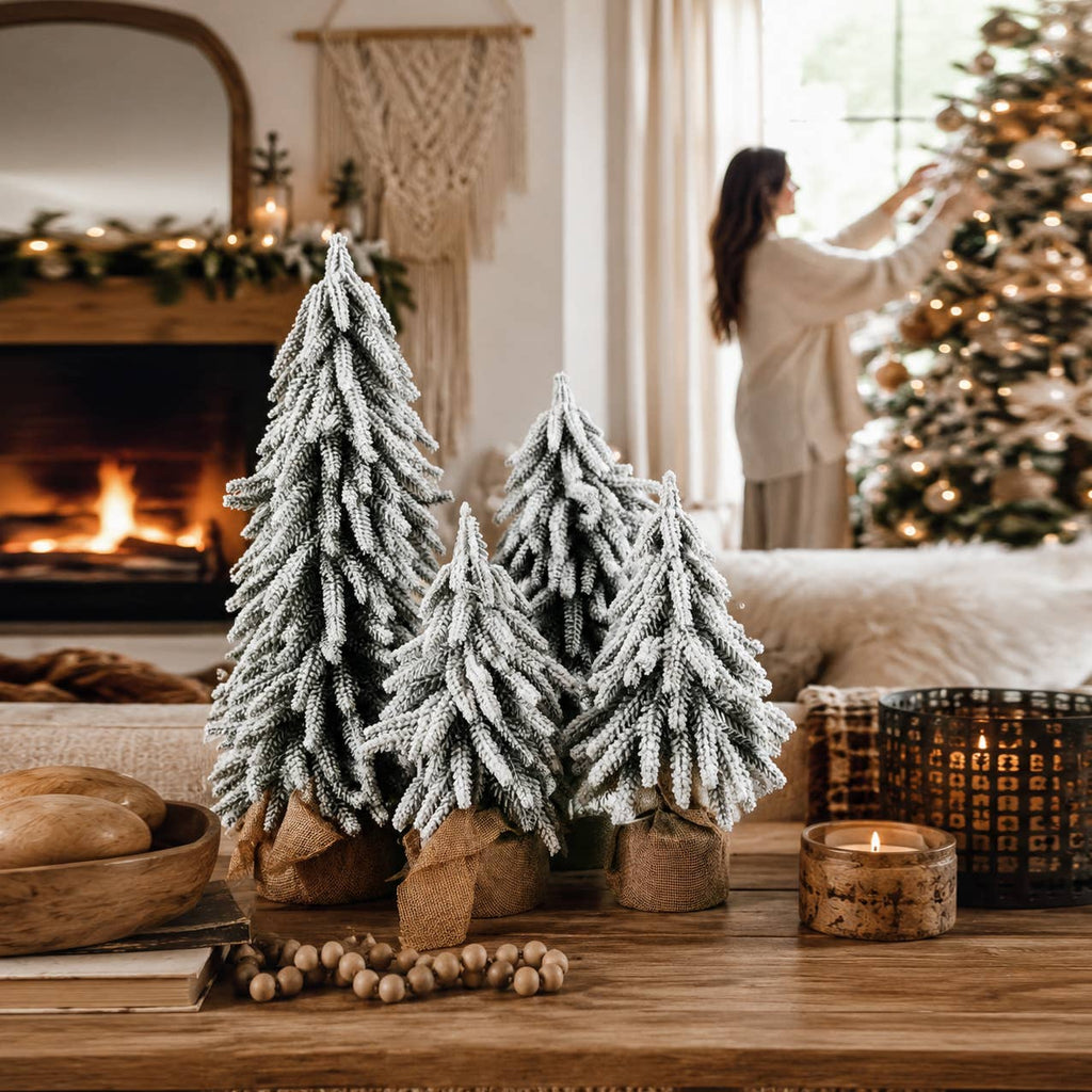 Christmas Trees with Snow, Holiday Mantle & Shelf Home Decor