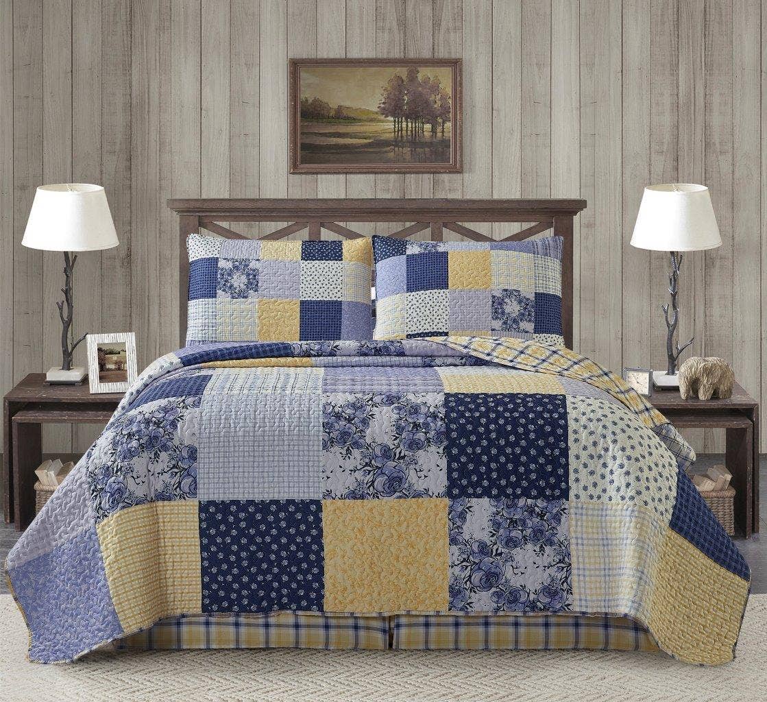 "Garden Walk Bluebell" 3-Piece Designer Microfiber Quilt Set