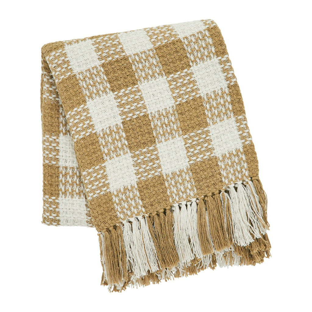 Golden Wheat Heritage Check Throw Blanket with Fringe 50x60