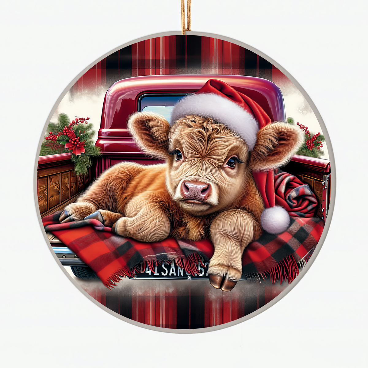 Cute Highland Cow Christmas Ornament – Farmhouse Holiday Decor – Santa Hat Plaid Truck Ceramic Ornament – Perfect Rustic Gift