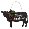 Merry Christmas Wooden Cow Sign w/Winter Greenery