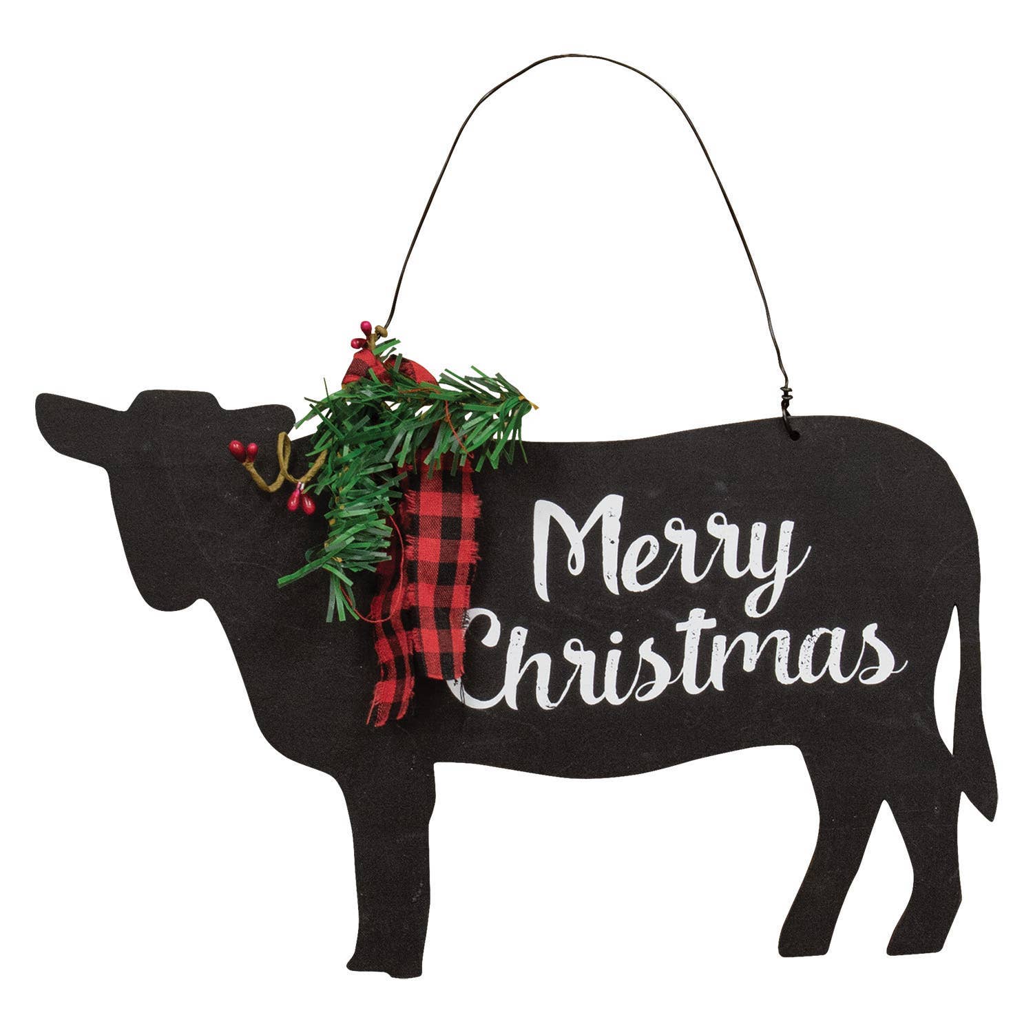 Merry Christmas Wooden Cow Sign w/Winter Greenery