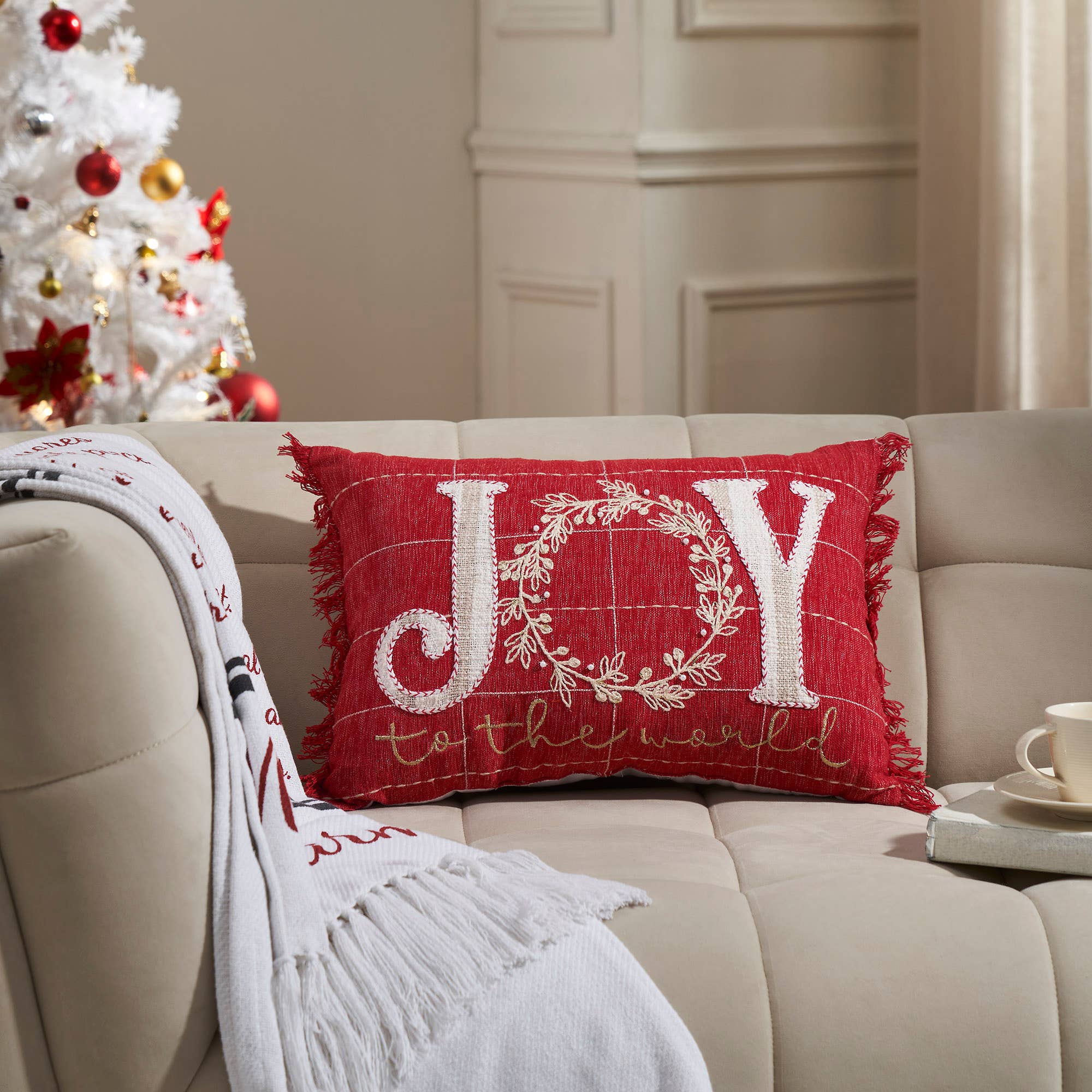 Christmas Joy to the World Fringed Throw Pillow 14x20