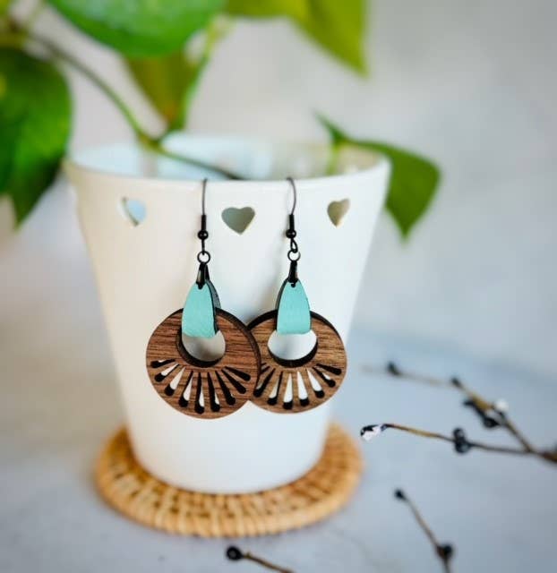 Wood Dangle Earrings - Walnut and Faux Leather Tab