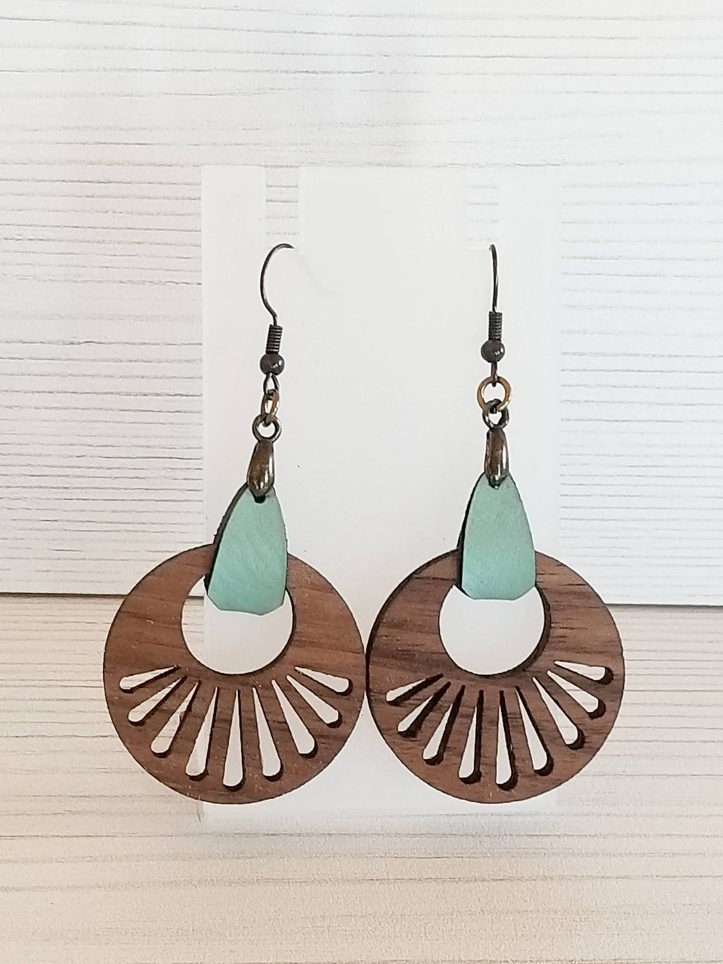 Wood Dangle Earrings - Walnut and Faux Leather Tab