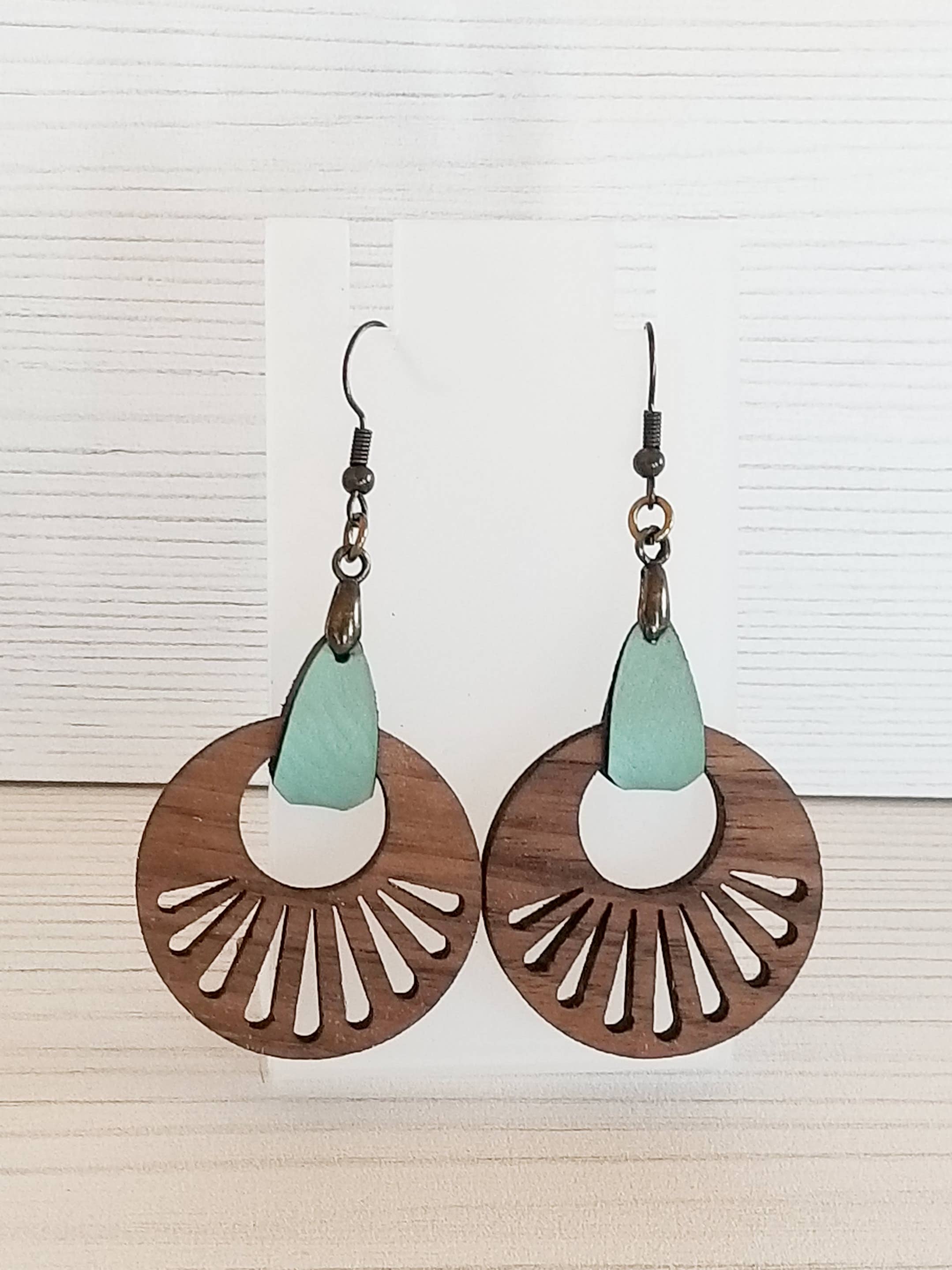 Wood Dangle Earrings - Walnut and Faux Leather Tab