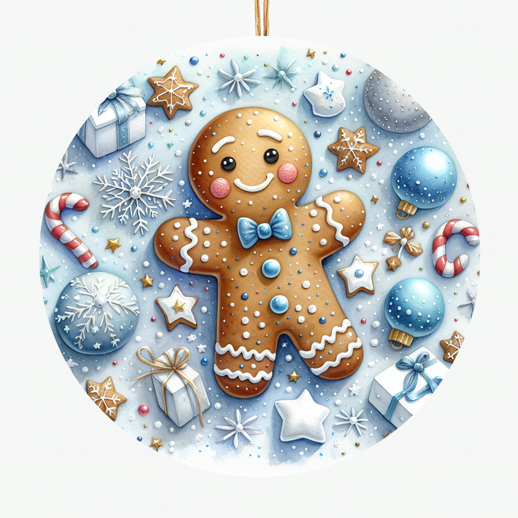 Gingerbread Man Ceramic Ornament - Festive Holiday Tree Decor with Snowflakes, Candy Canes, and Gifts, Christmas Keepsake