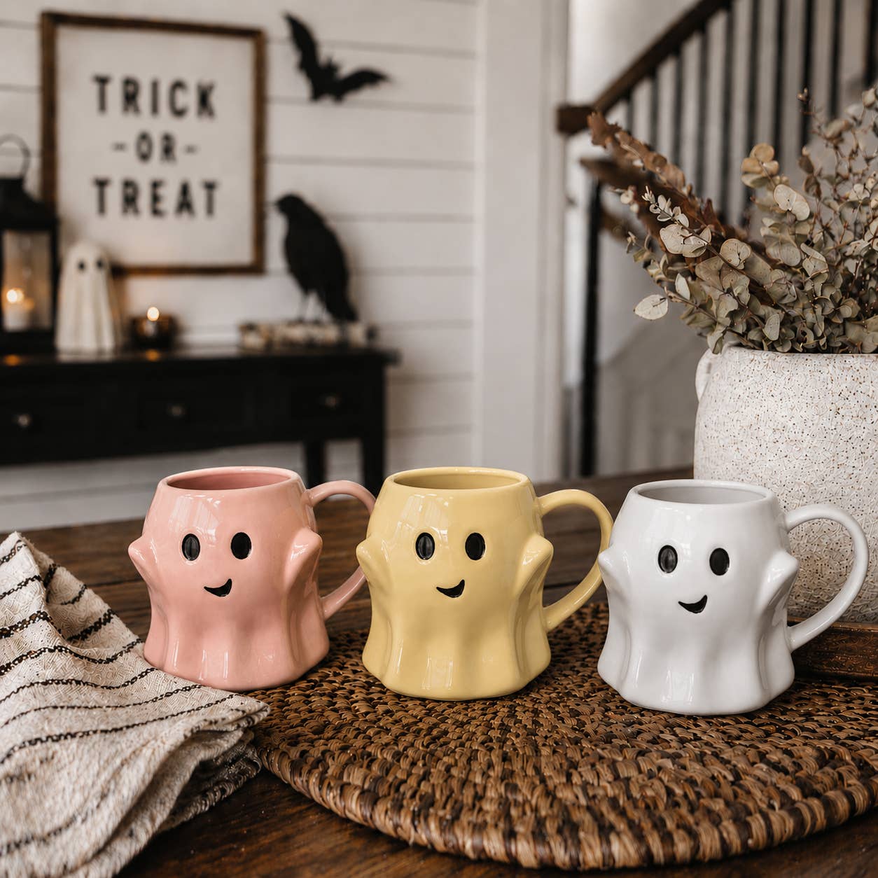 Halloween Drinkware, Ceramic Ghost Mugs, Neutral Fall Decor