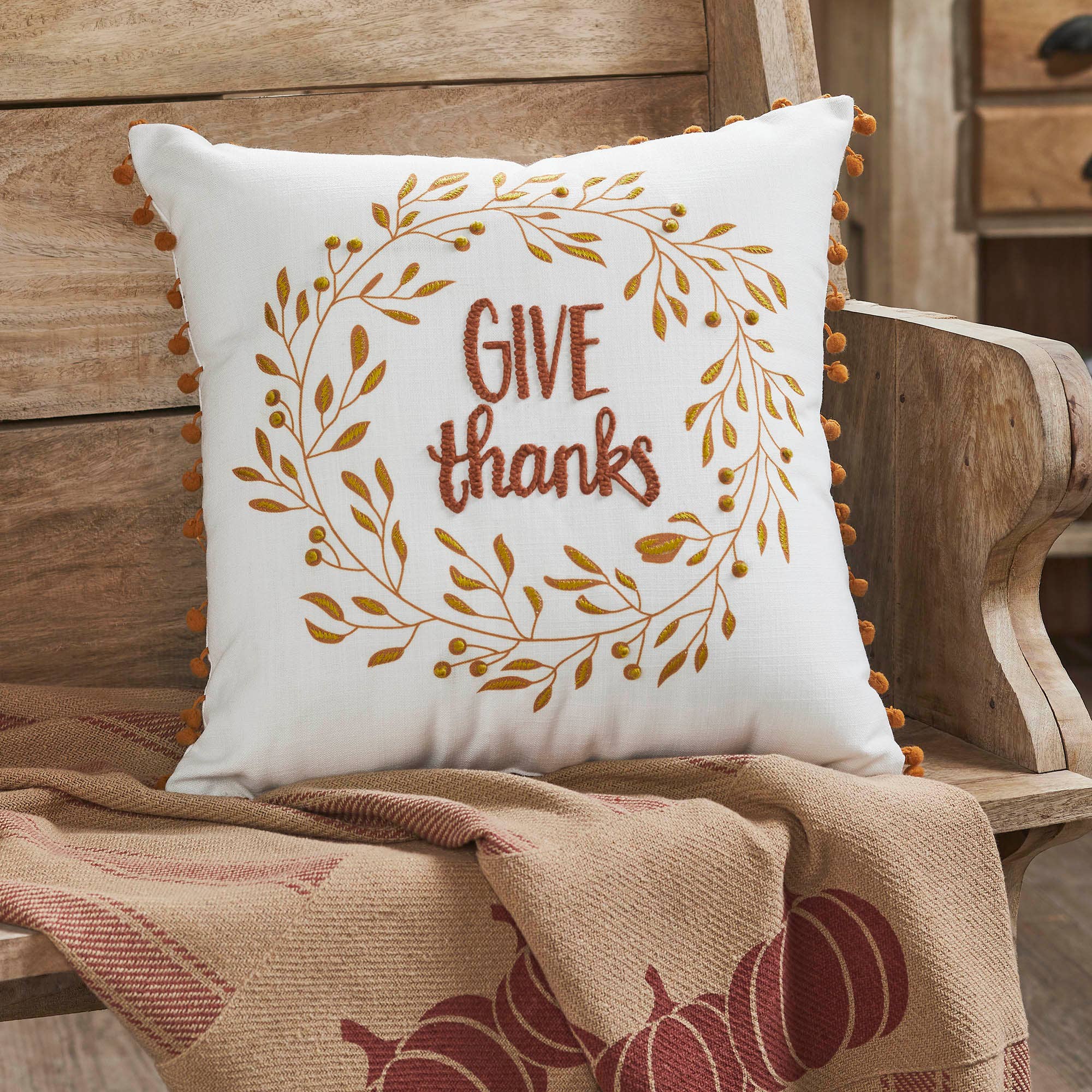 Thanksgiving Fall Wreath Pom Pom Accent Throw Pillow 18x18