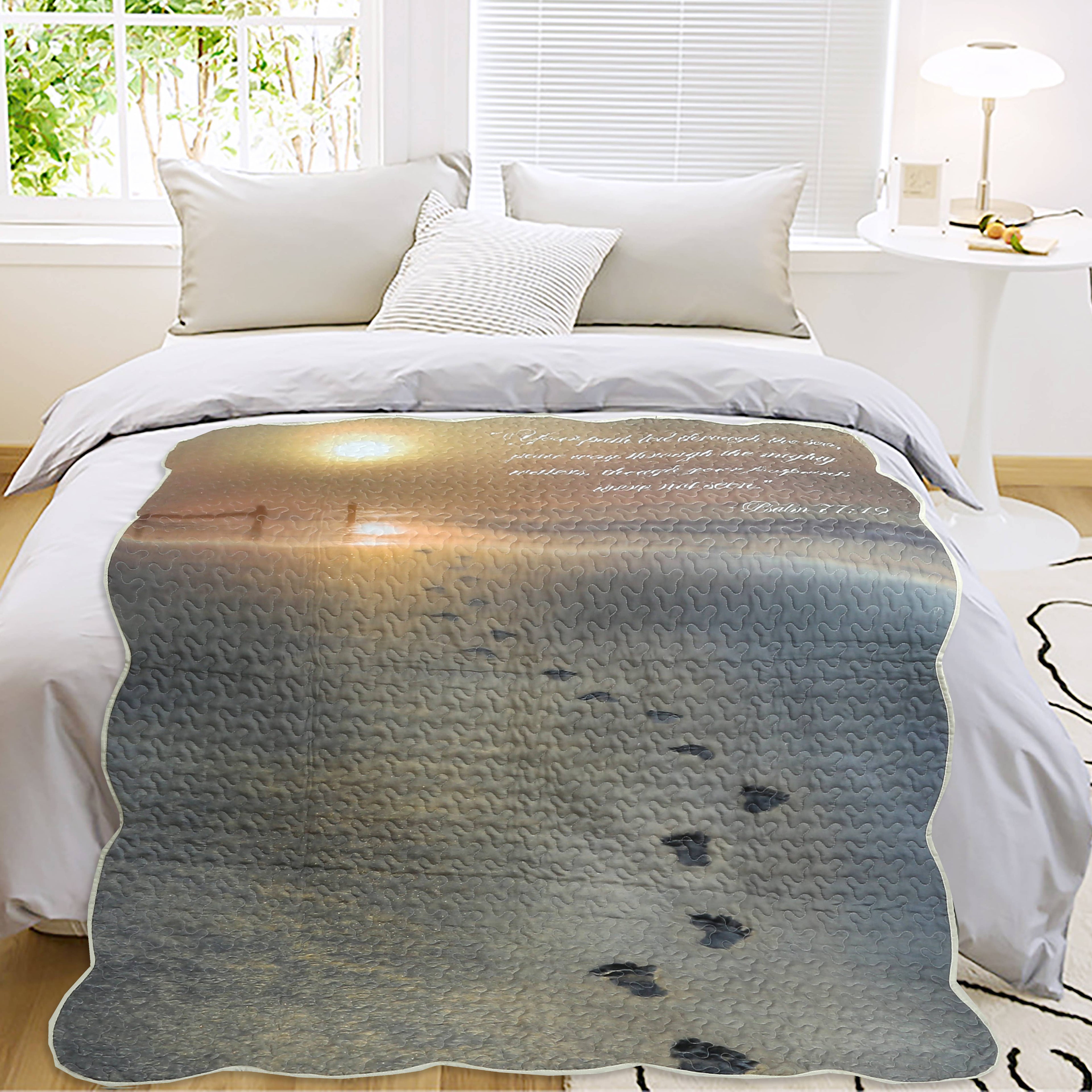 Footprints Psalm 77:19 Scripture Inspirational Quilted Throw