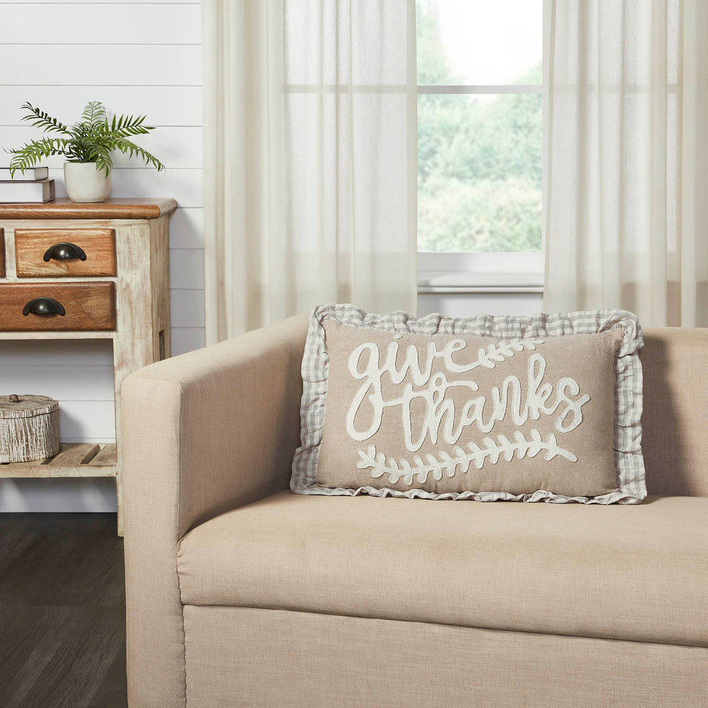 Give Thanks Gingham Ruffled 14x22 Applique Throw Pillow