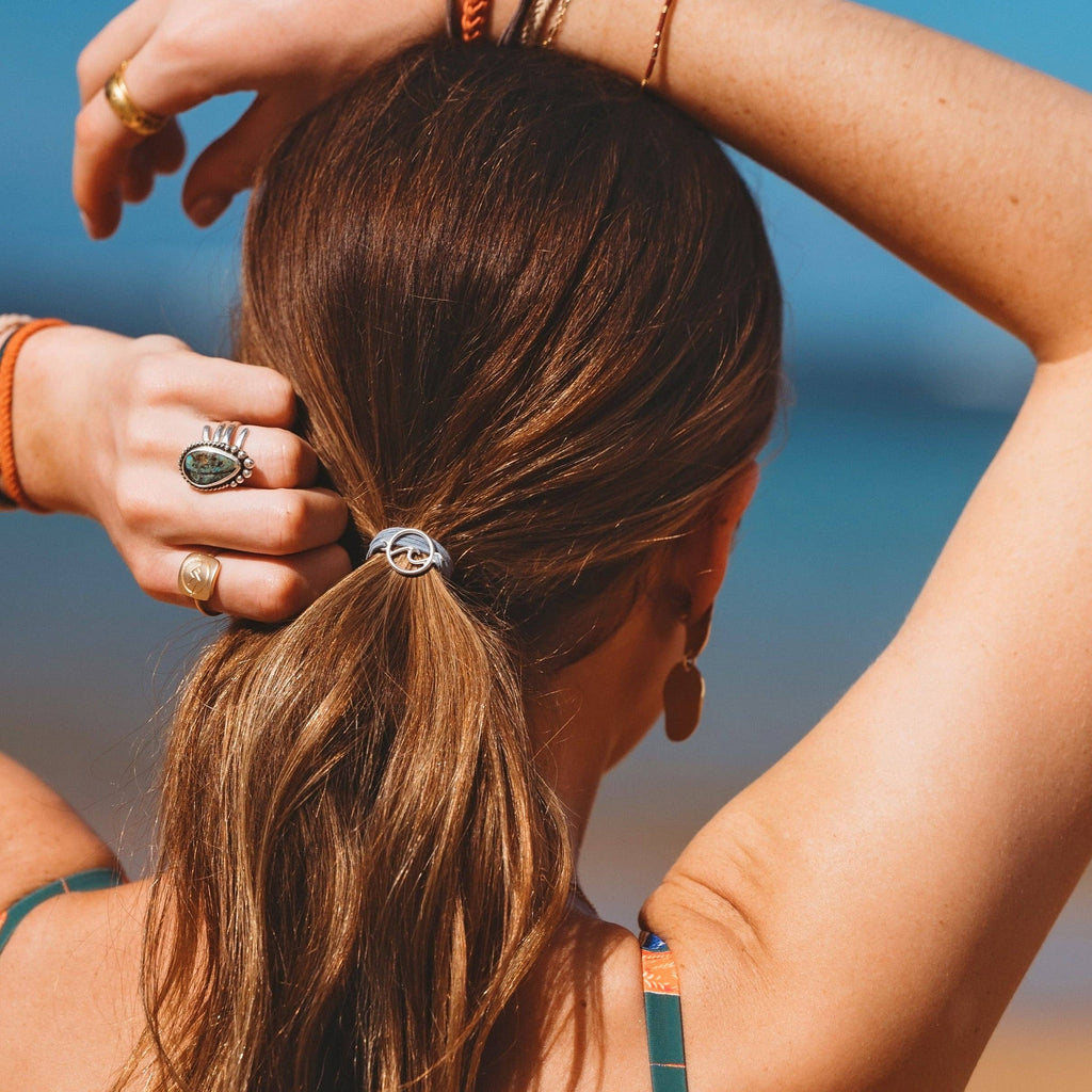 "Celebrate" Blues and Corals With Silver Wave Charm Hair Tie Bracelets