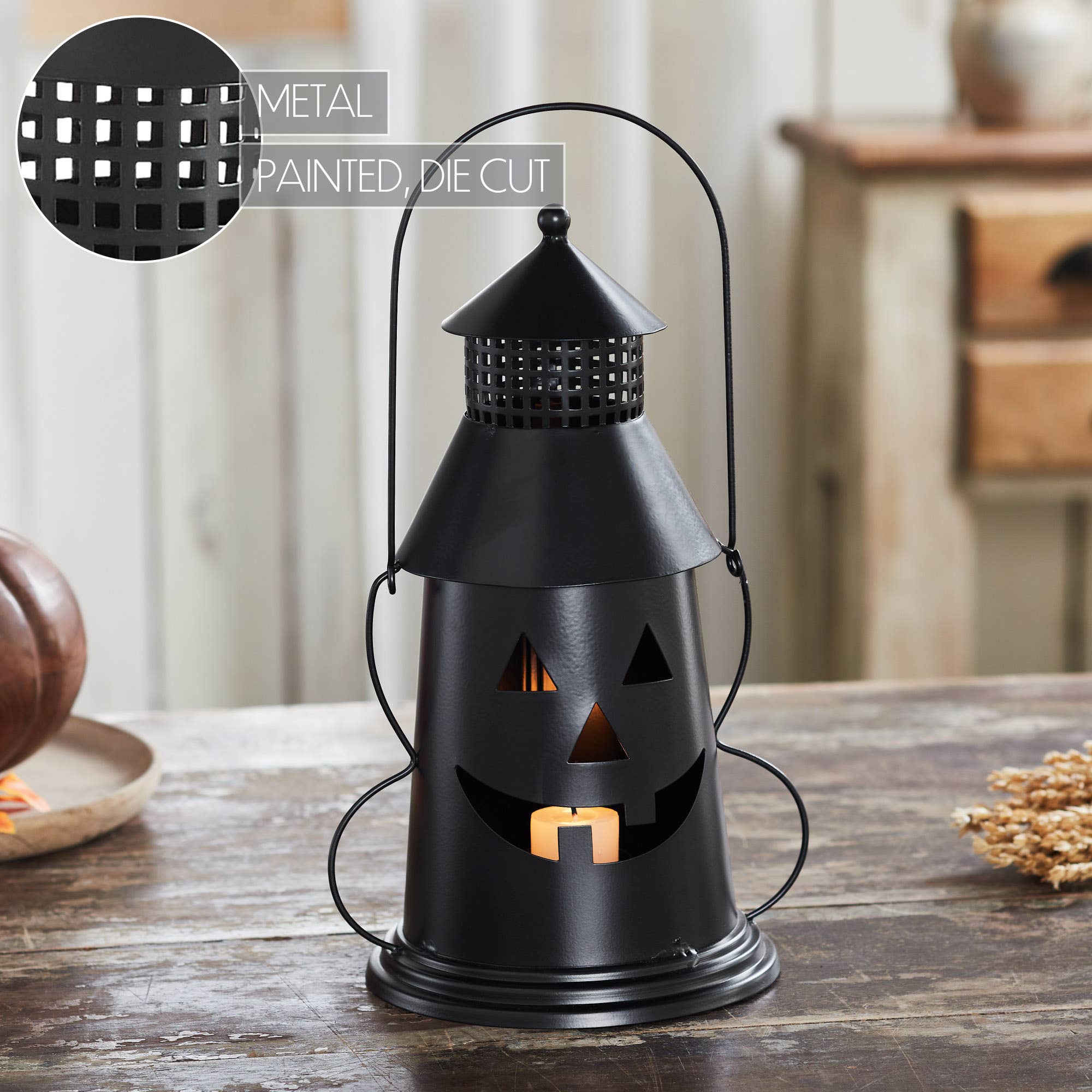 Black Metal Jack-O-Lantern Halloween Candle Holder 12"