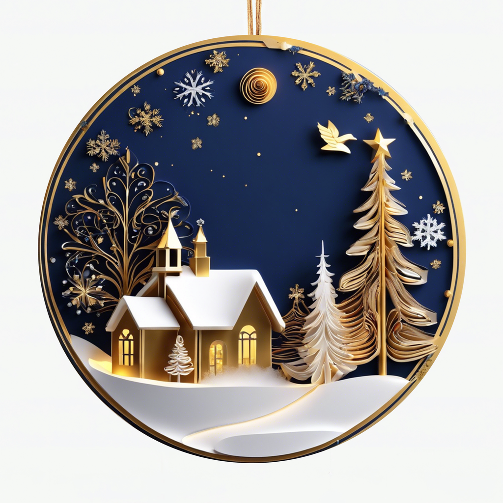 Golden Winter Church Ceramic Ornament - Handcrafted Christmas Tree Decor with Snowy Scene, Starry Sky, and Elegant Holiday Charm