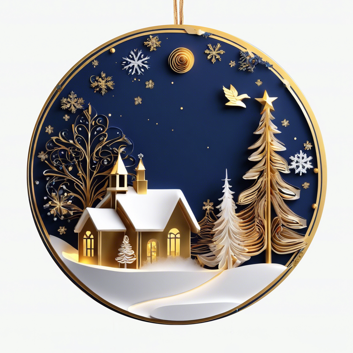 Golden Winter Church Ceramic Ornament - Handcrafted Christmas Tree Decor with Snowy Scene, Starry Sky, and Elegant Holiday Charm